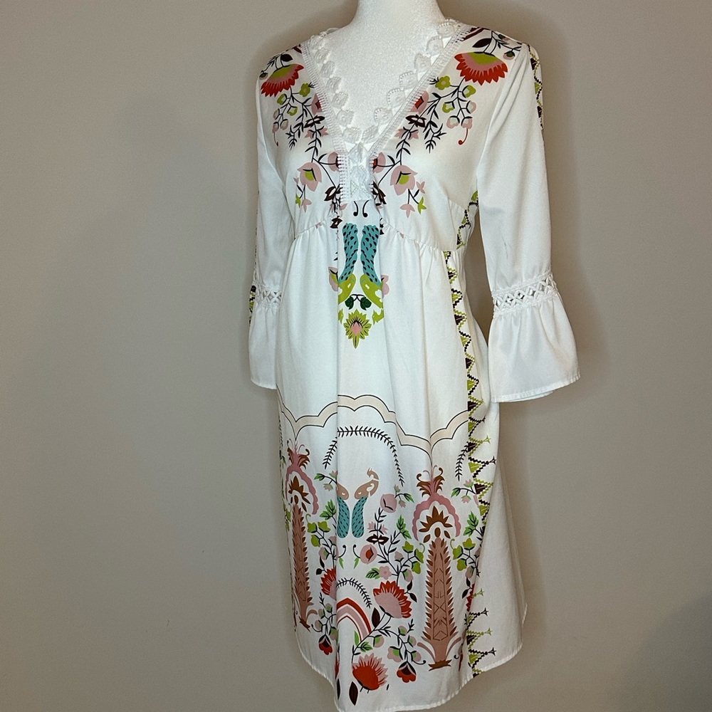 SHEIN White Midi Dress with Pink, Green and Blue Floral Embroidery